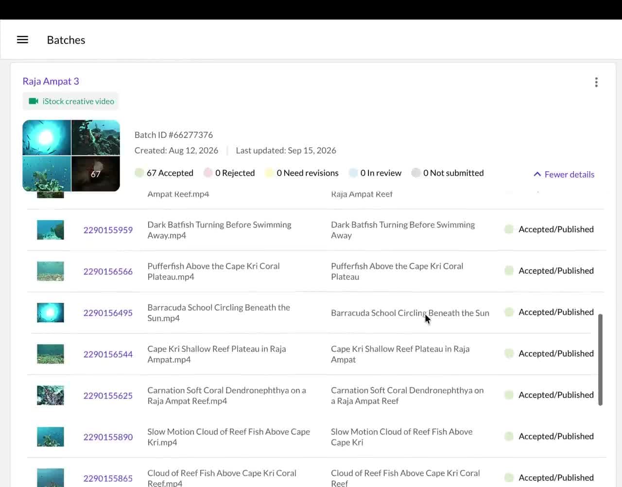Getty Images contributor dashboard: 67 accepted · 0 rejected