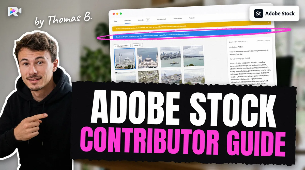 Portail contributeur Adobe Stock, onglet In review : l’avis indique que la modération peut prendre jusqu’à 8 semaines ; à côté, Thomas B.