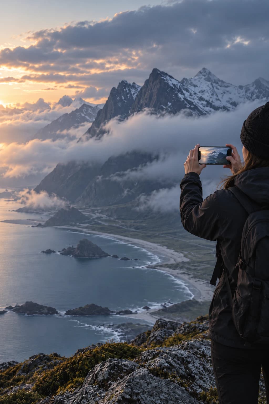 Une créatrice filme au téléphone une côte de montagne au coucher du soleil